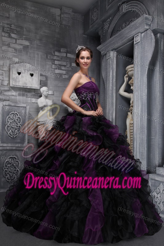 Taffeta and Organza Appliques and Ruffles Purple and Black Quince Dresses