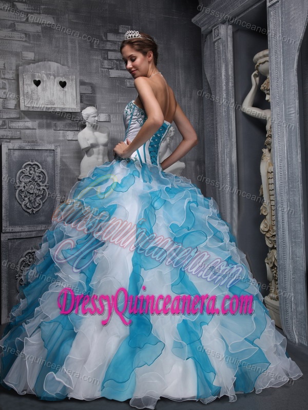 Sweet Taffeta and Organza Appliques White And Blue Quinceanera Dresses