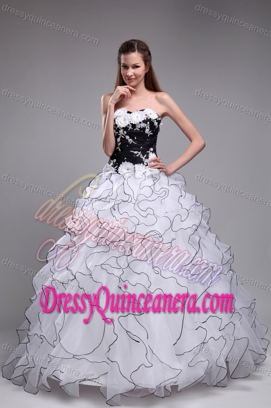 White and Black Sweetheart Organza Appliques and Ruffles Quince Dresses