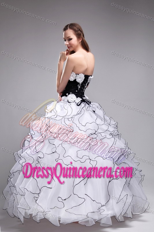 White and Black Sweetheart Organza Appliques and Ruffles Quince Dresses
