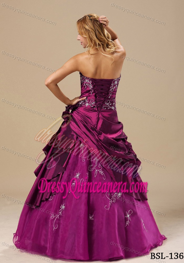 Wine Red Embroidered Taffeta Quinceanera Dress with Pick-ups and Flower on Sale