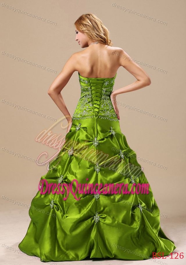 Olive Green Strapless Princess Taffeta Appliqued Quinceanera Dress with Pick-ups