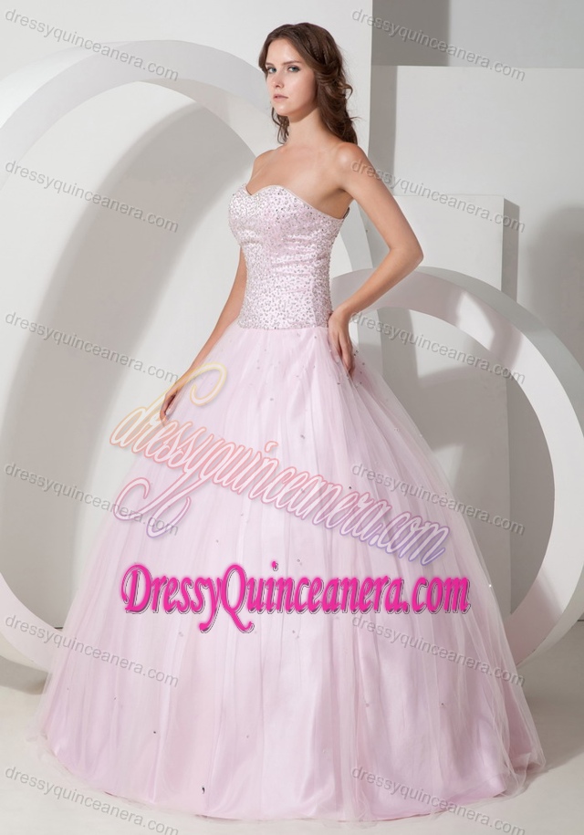 Baby Pink Sweetheart Ball Gown Tulle Sweet Sixteen Dress with Beading for Cheap