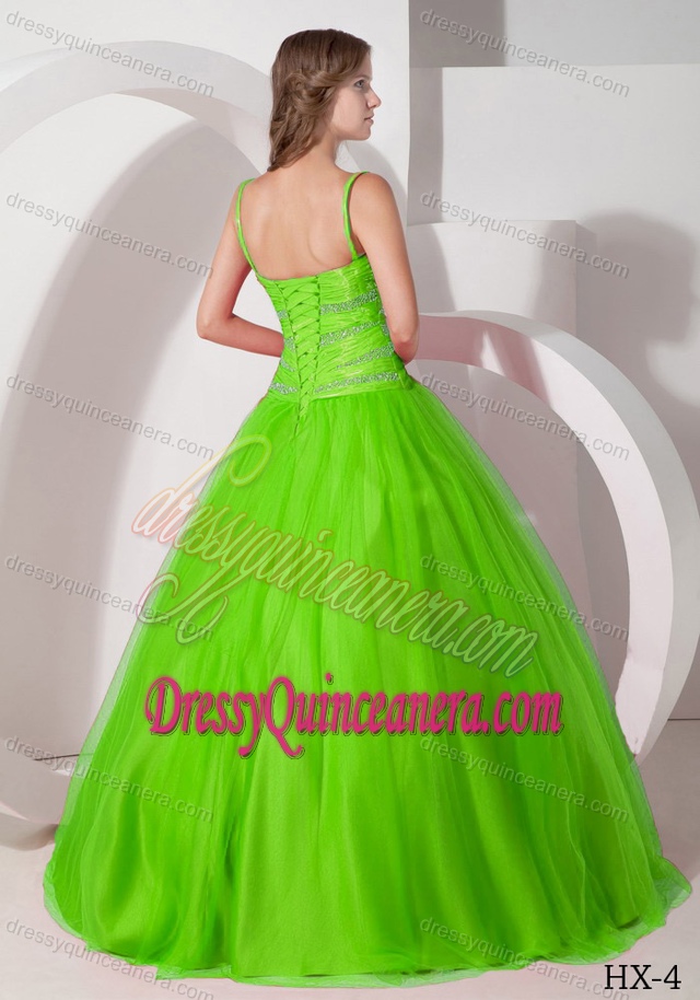 Spring Green Spaghetti Straps Ruched Tulle Quinceanera Dresses with Beaded Waist