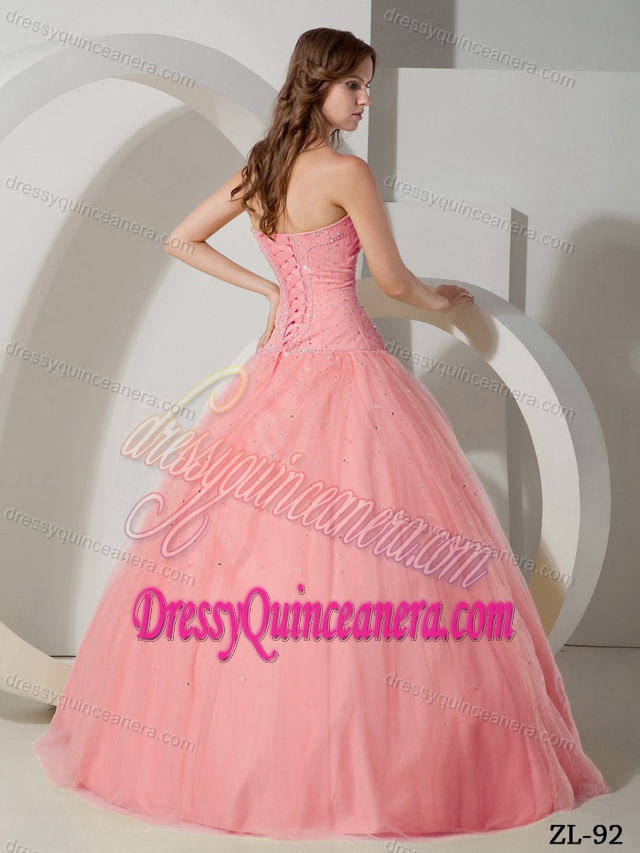 Watermelon Strapless Floor-length Tulle Sweet 16 Dress with Beading on Promotion