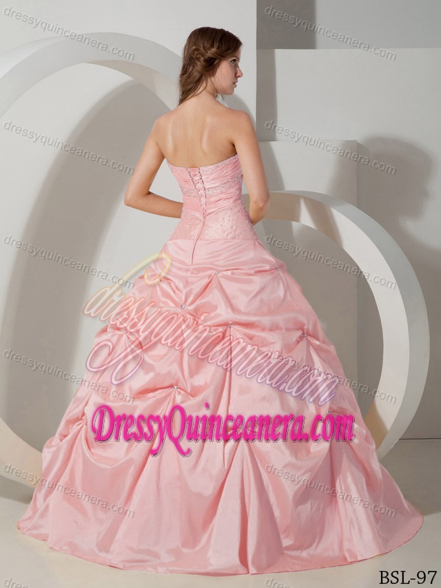 Baby Pink Ruched Sweetheart Taffeta Quinceanera Dress with Pick-ups and Beading