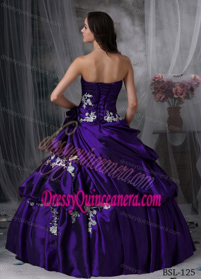 Glitz Dark Purple Strapless Taffeta Quinceanera Dress with Pick-ups and Appliques