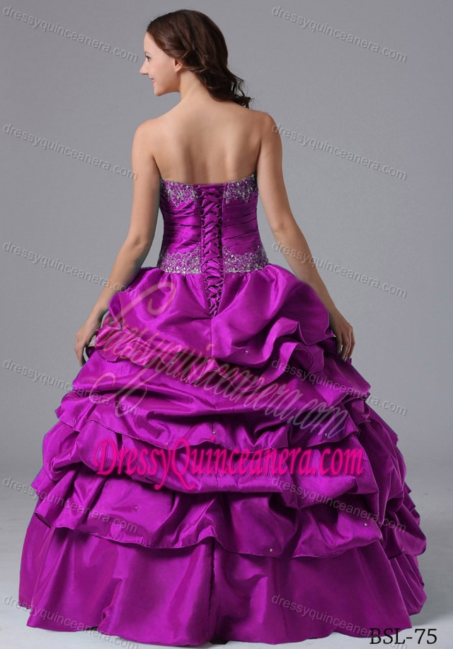New Strapless Fuchsia Taffeta Ruched Quinceanera Dress with Pick-ups and Beading