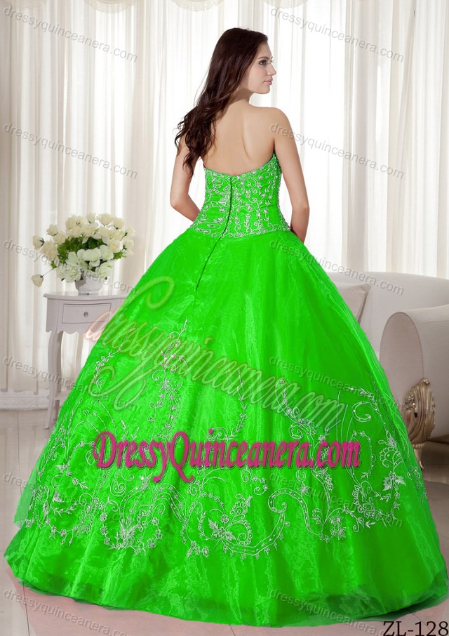 Spring Green Strapless Ball Gown Quinceanera Dress with Beading and Embroidery