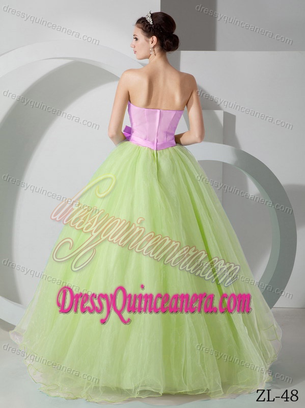 Light Pink and Yellow Princess Floor-length Ruched Tulle Sweet 16 Dress with Flower