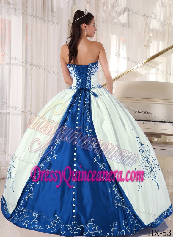 White and Royal Blue Strapless Floor-length Quinceanera Gown Dress with Embroidery