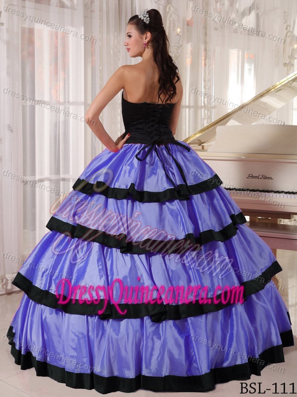 Cheap Strapless Floor-length Black and Purple Taffeta Quinceanera Dress with Layers