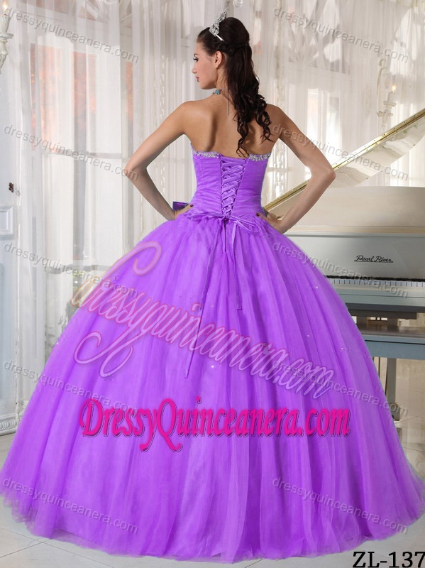 Lavender Sweetheart Ball Gown Beaded Tulle Quinceanera Dress with Bow for Cheap