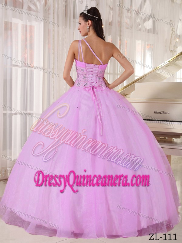 Baby Pink One-shoulder Ball Gown Ruched Organza Quinceanera Dress with Beading