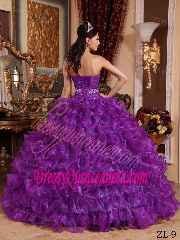 Eggplant Purple Sweetheart Ruched Organza Beaded Quinceanera Dress with Ruffles