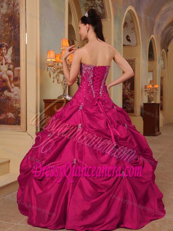 Coral Red Strapless Floor-length Taffeta Appliqued Quinceanera Dress with Pick-ups