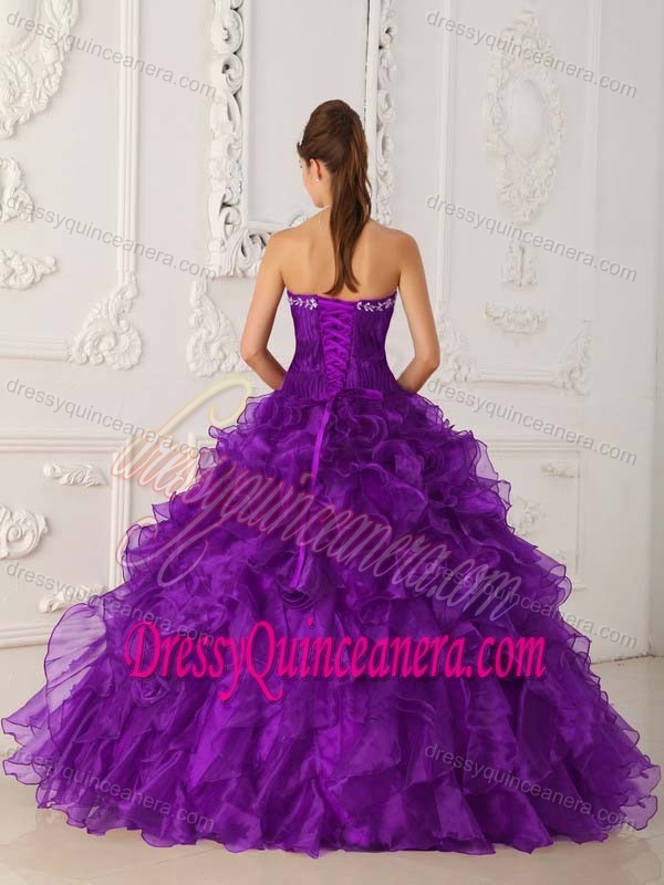 Purple Strapless Floor-length Organza Dress for Quince with Embroidery and Ruffles