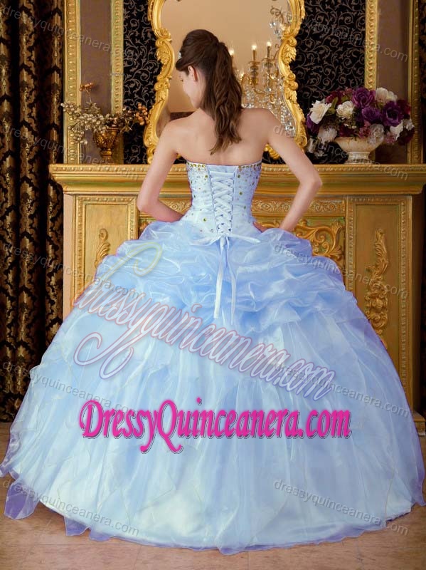 Baby Blue Strapless Beaded Organza Ball Gown Sweet Sixteen Dress with Pick-ups