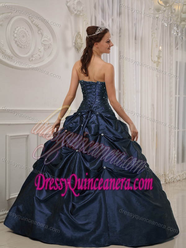 Navy Blue Strapless Ball Gown Taffeta Quinceanera Dress with Pick-ups and Beading