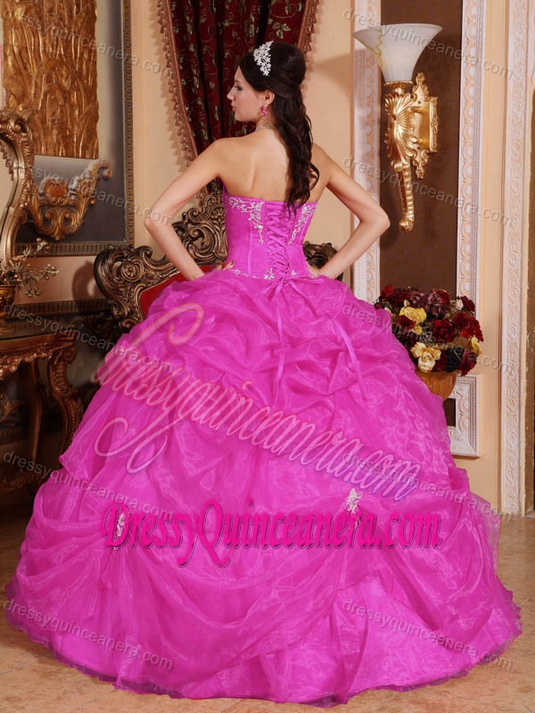 Cheap Hot Pink Sweetheart Organza Quinceanera Dress with Pick-ups and Appliques