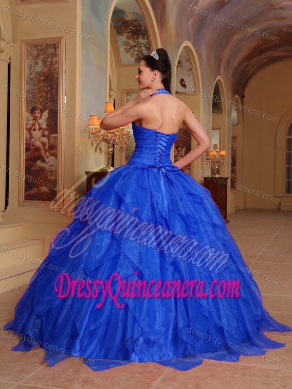 Wonderful Halter Bright Blue Organza Quinceanera Dress with Appliques and Ruffles