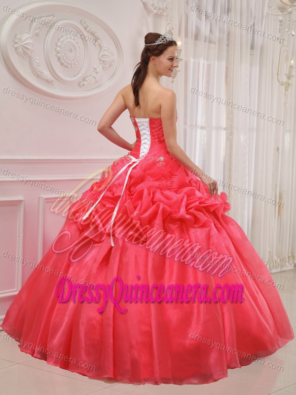 Coral Red Strapless Ball Gown Organza Appliqued Quinceanera Dress with Pick-ups