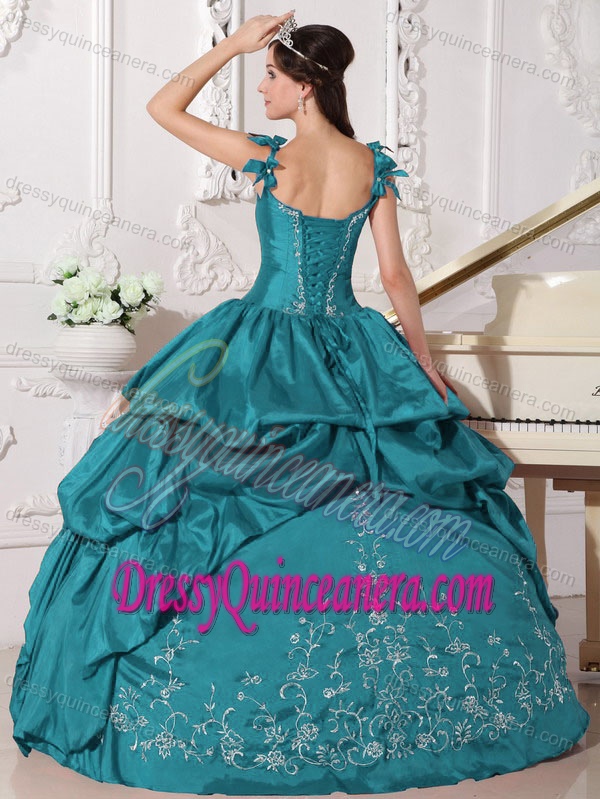 Straps Floor-length Teal Taffeta Quinceanera Dress with Pick-ups and Embroideries