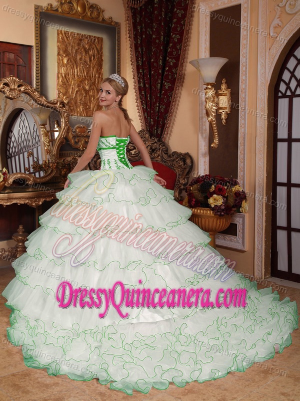 White Strapless Floor-length Organza Quinceanera Dress with Ruffles and Appliques