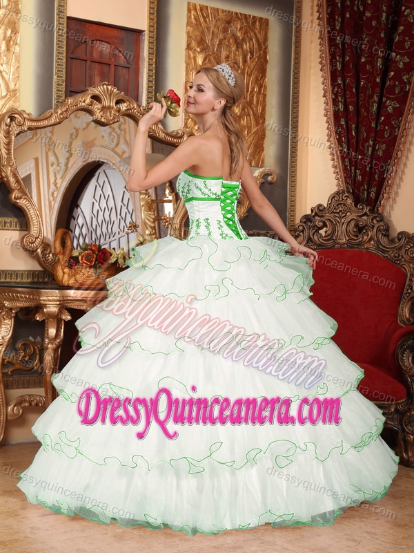 White Strapless Floor-length Organza Quinceanera Dress with Ruffles and Appliques