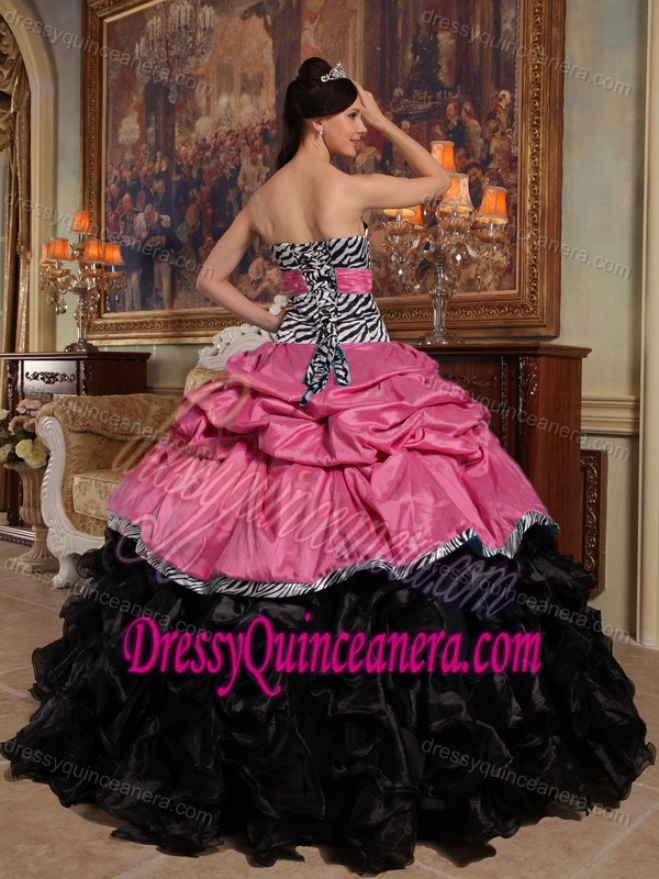 Pink Taffeta and Black Organza Zebra Quinceanera Dress with Ruffles and Pick-ups