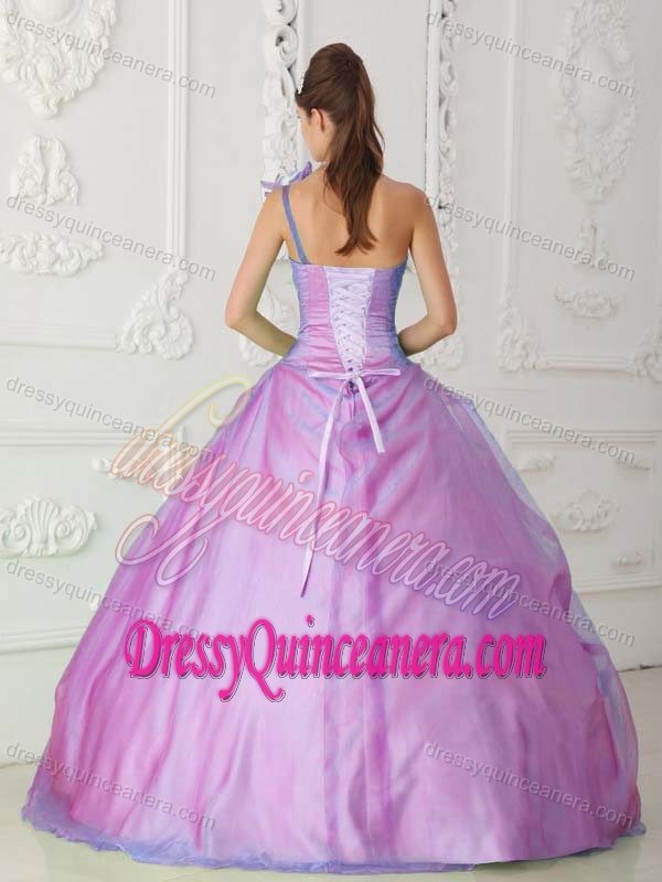 Lavender One-shoulder Drapped Organza Quinceanera Dress with Flowers for Cheap