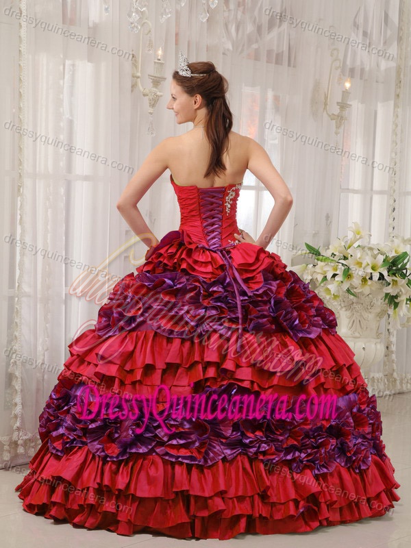 Hot Red and Purple Strapless Ruched Quinceanera Gowns with Ruffles and Appliques