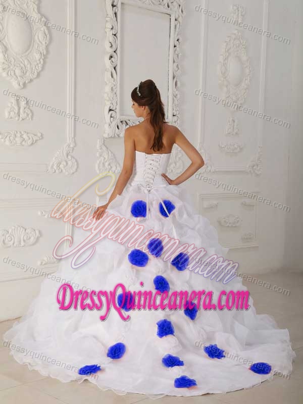 Flounced Strapless Brush Train White Quinceanera Dress with Pick-ups and Flowers