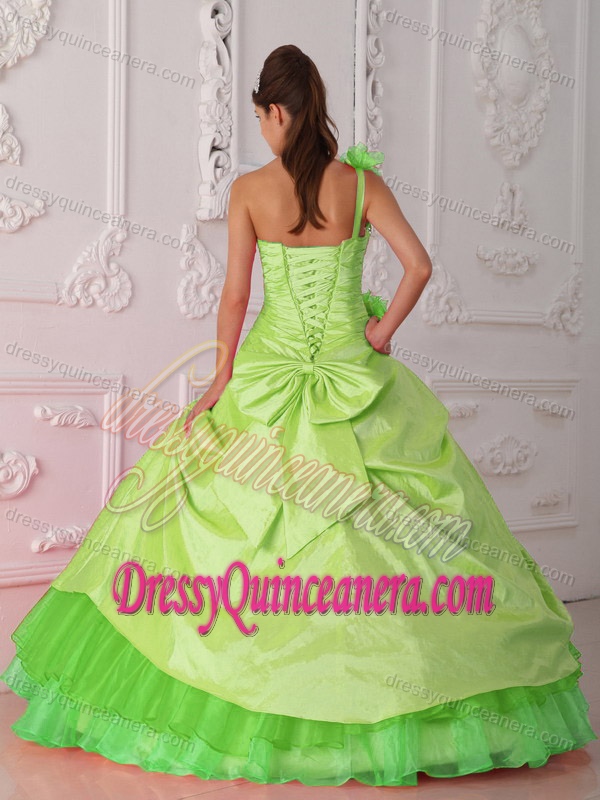 Spring Green One-shoulder Beaded Quinceanera Dresses with Flowers and Pick-ups
