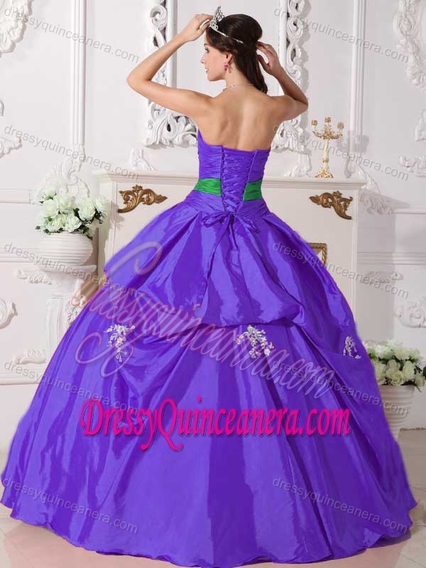 Purple Strapless Taffeta Ball Gown Quinceanera Dress with Appliques and Big Bow