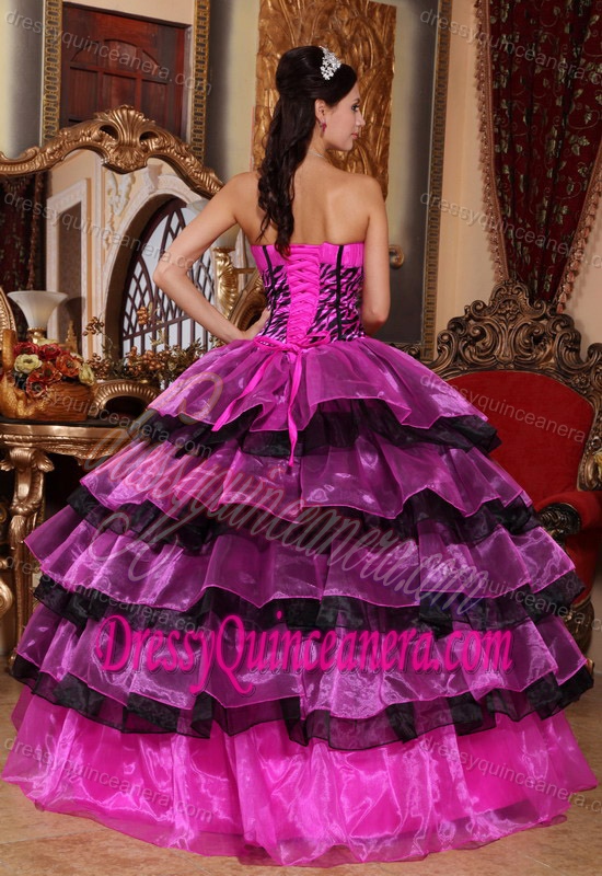 New Hot Pink and Black Sweetheart Beaded Organza Quinceanera Dress with Layers
