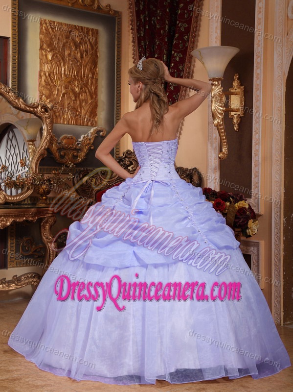 Lilac Strapless Ruched Organza Appliqued Sweet 16 Quinceanera Dress with Pick-ups