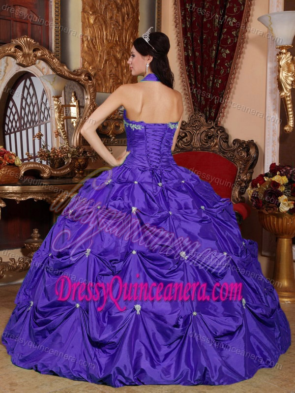 Halter Purple Taffeta Floor-length Quinceanera Dresses with Appliques and Pick-ups