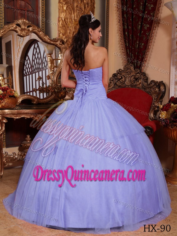 Beautiful Lilac Strapless Floor-length Tulle Quinceanera Dress with Appliques on Sale