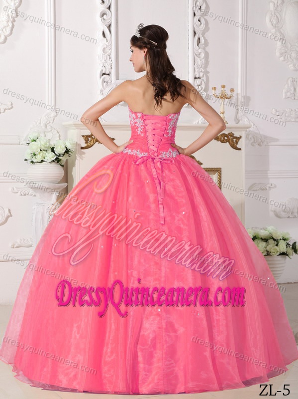 Watermelon Strapless Beaded Organza Quinceanera Dress with Appliques for Cheap