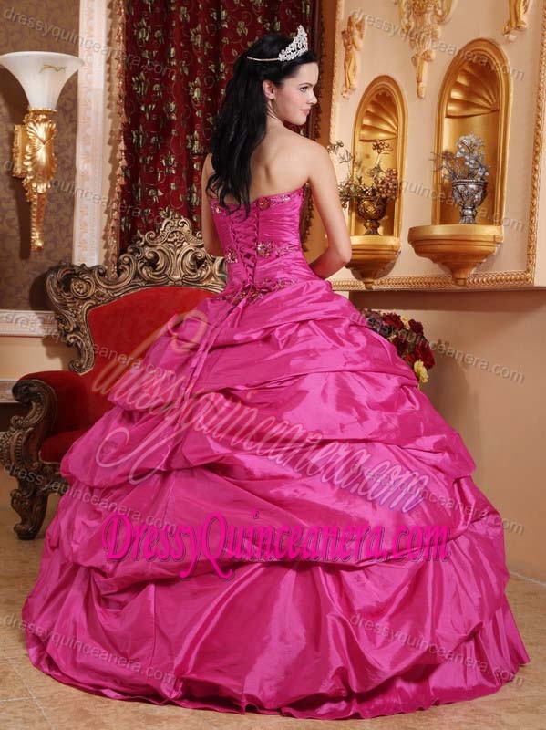 Hot Pink Sweetheart Taffeta Quinceanera Gown Dress with Pick-ups and Appliques