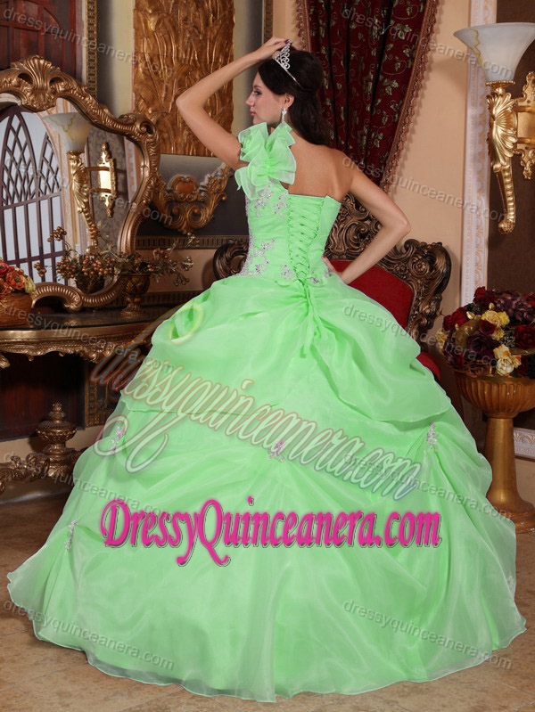 Flounced One-shoulder Apple Green Appliqued Quinceanera Dresses with Pick-ups