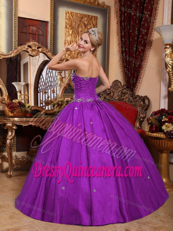 Purple Strapless Floor-length Taffeta and Tulle Quinceanera Dresses with Appliques