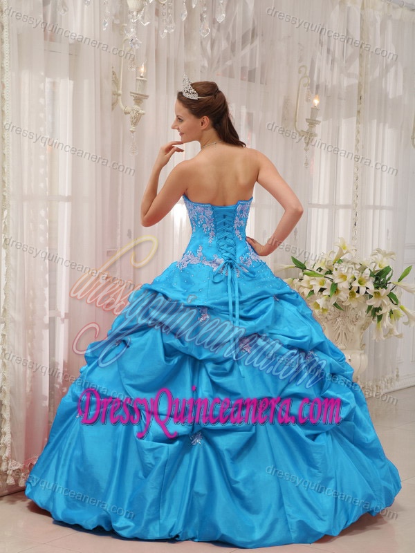 Sky Blue Sweetheart Taffeta Quinceanera Dress with Pick-ups and Appliques on Sale
