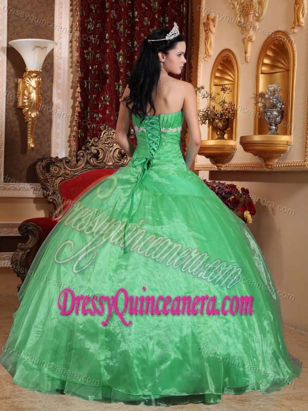 Ruched Strapless Spring Green Organza Quinceanera Dress with Appliques for Cheap