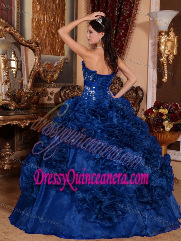 Strapless Lace-up Organza Popular Dress for Quince with Rolling Flowers