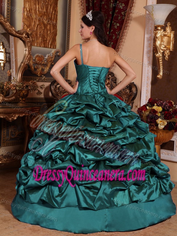 Teal One Shoulder Wonderful Sweet 16 Quinceanera Dress with Pick-ups
