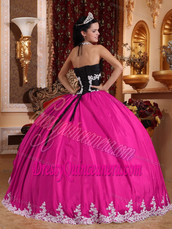 Discount V-neck Ruffled Long Sweet Sixteen Dresses in Hot Pink and Black