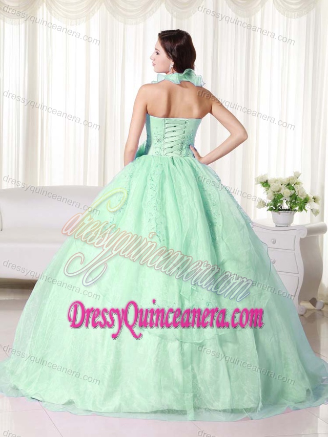 Charming Halter Top Floor-length Chiffon Quince Dresses in Apple Green