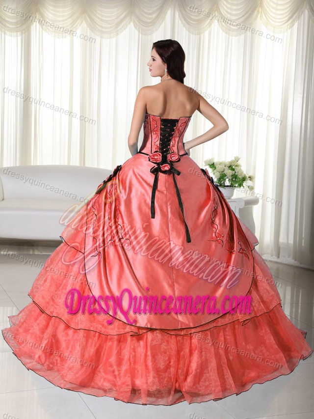 Strapless Orange Red Organza Long Romantic Quinces Dress with Beading